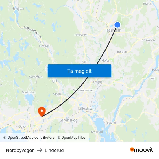 Nordbyvegen to Linderud map