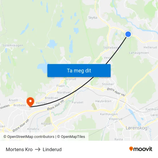 Mortens Kro to Linderud map