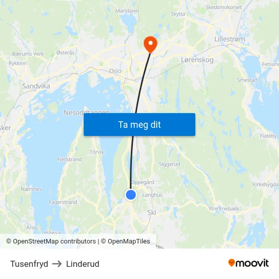 Tusenfryd to Linderud map