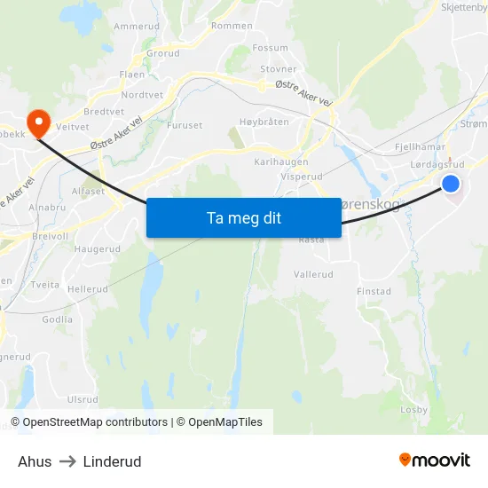Ahus to Linderud map