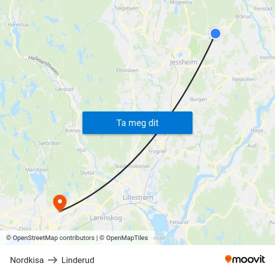 Nordkisa to Linderud map