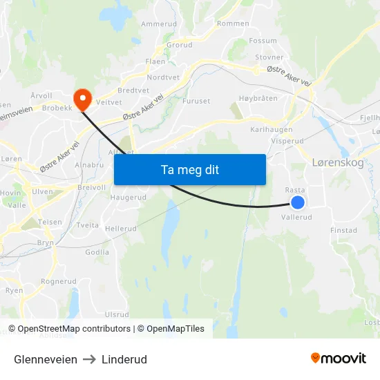 Glenneveien to Linderud map