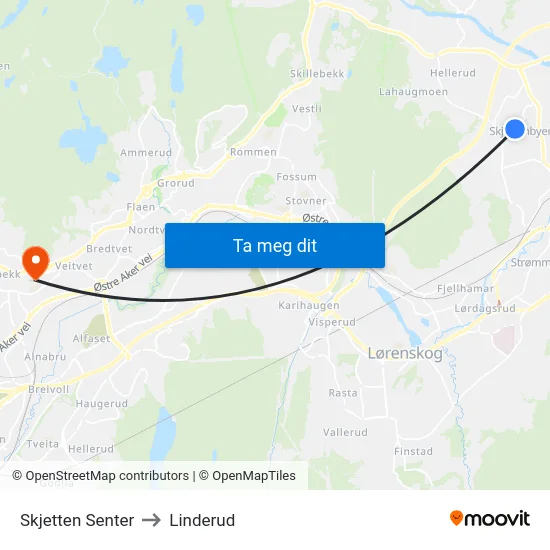 Skjetten Senter to Linderud map