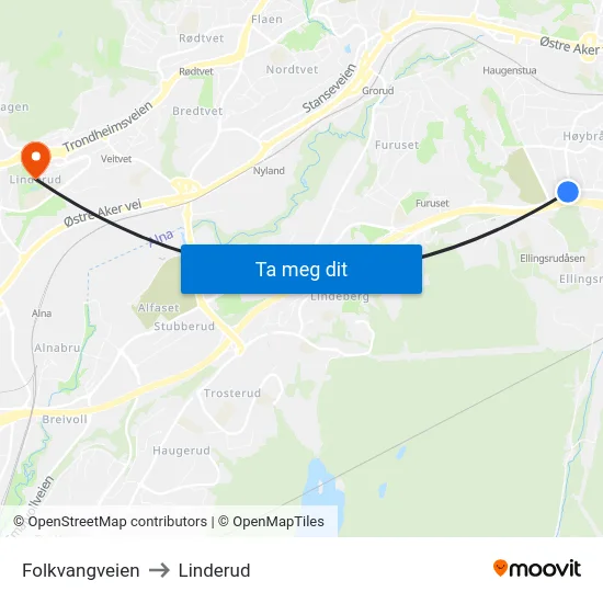 Folkvangveien to Linderud map
