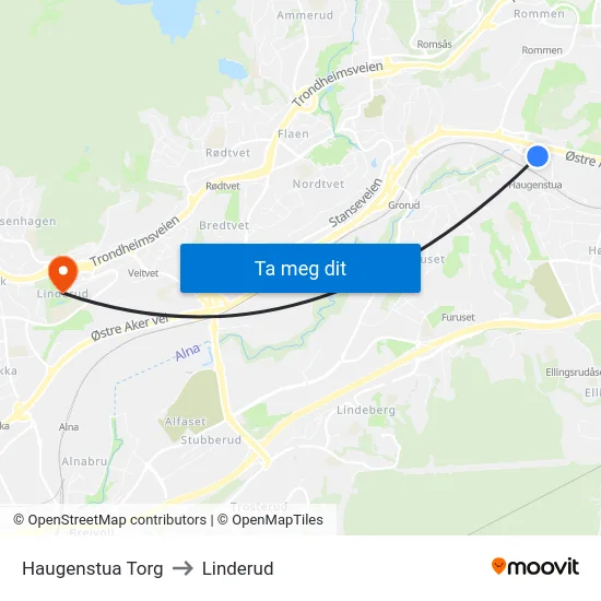 Haugenstua Torg to Linderud map