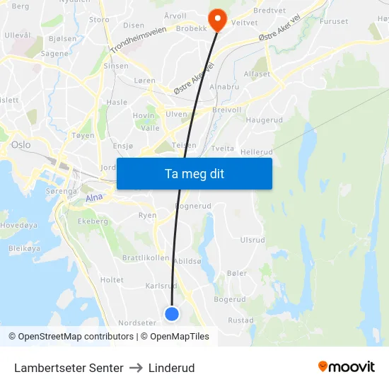 Lambertseter Senter to Linderud map