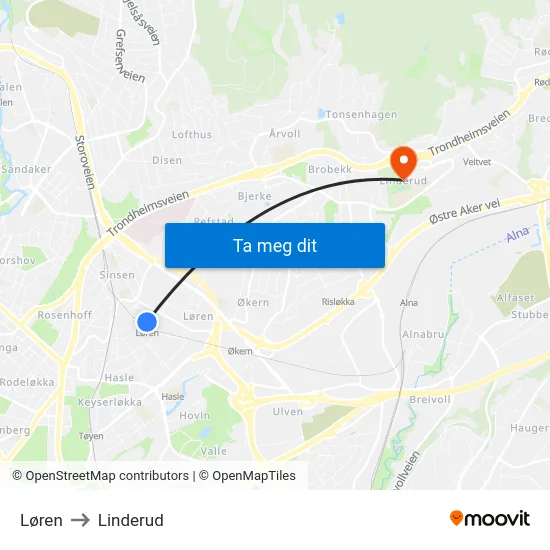 Løren to Linderud map