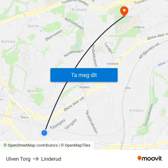Ulven Torg to Linderud map