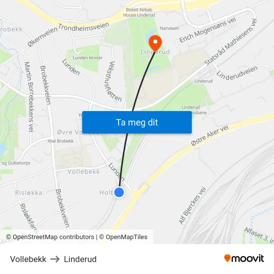 Vollebekk to Linderud map