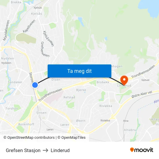 Grefsen Stasjon to Linderud map