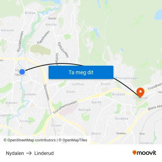 Nydalen to Linderud map