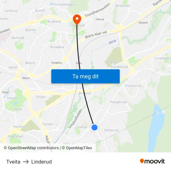 Tveita to Linderud map