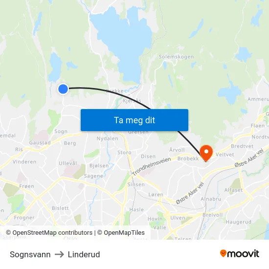 Sognsvann to Linderud map