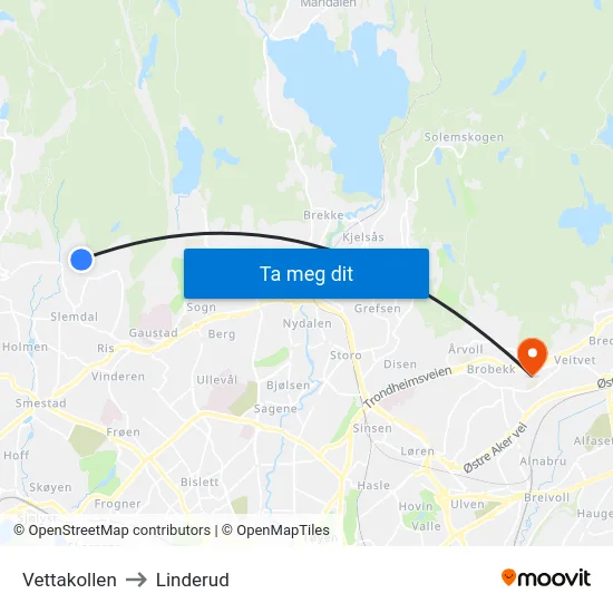 Vettakollen to Linderud map
