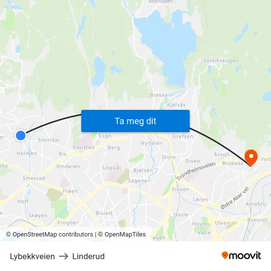 Lybekkveien to Linderud map