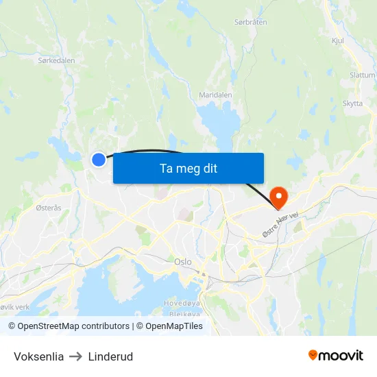 Voksenlia to Linderud map