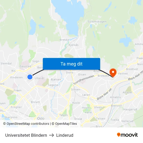 Universitetet Blindern to Linderud map