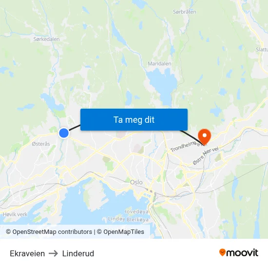 Ekraveien to Linderud map