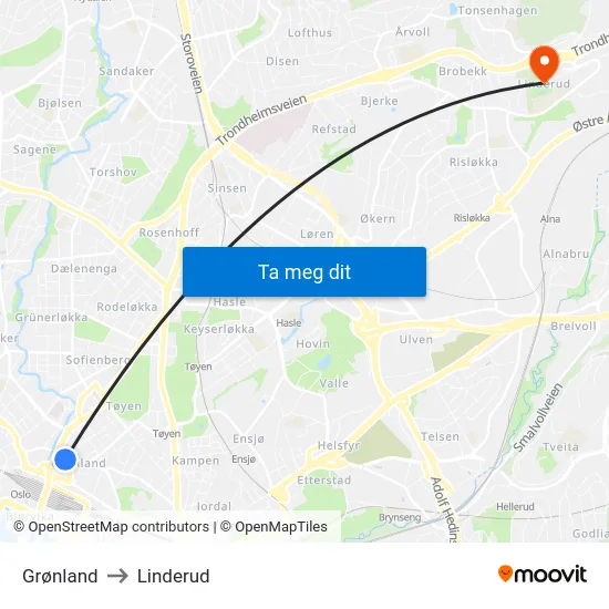 Grønland to Linderud map