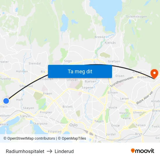 Radiumhospitalet to Linderud map
