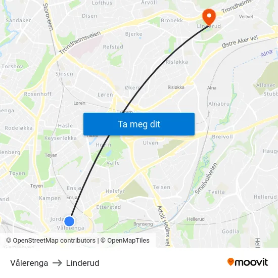 Vålerenga to Linderud map