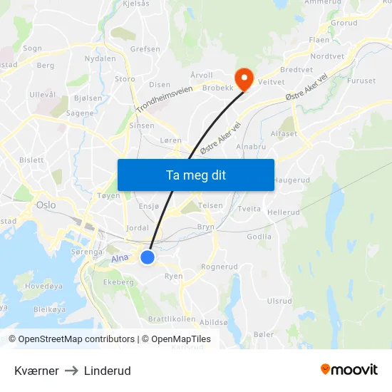Kværner to Linderud map