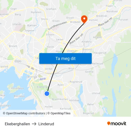 Ekeberghallen to Linderud map