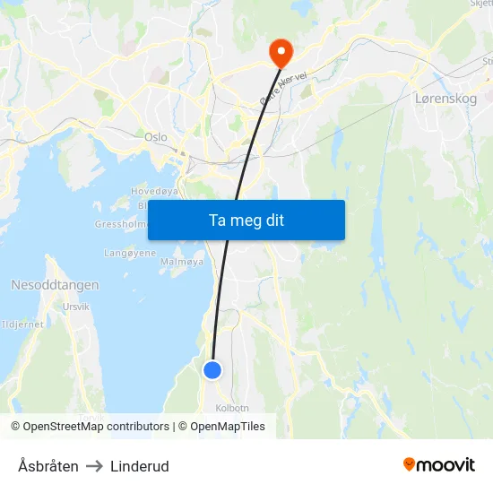 Åsbråten to Linderud map
