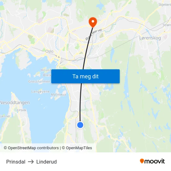 Prinsdal to Linderud map