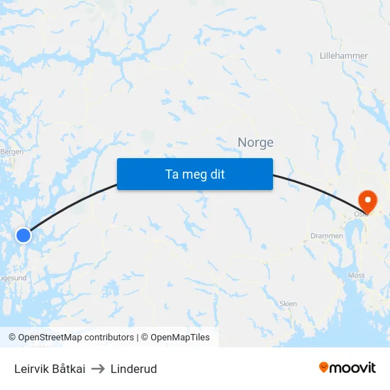 Leirvik Båtkai to Linderud map