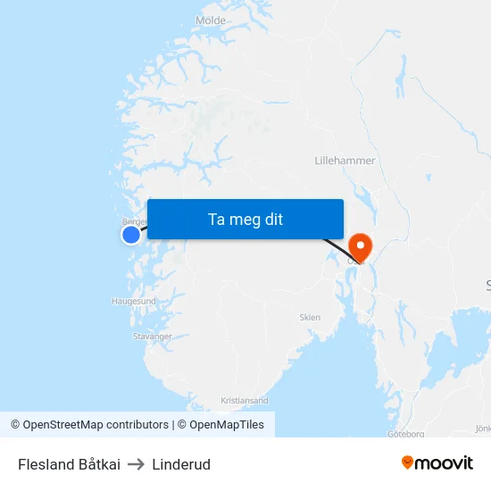 Flesland Båtkai to Linderud map