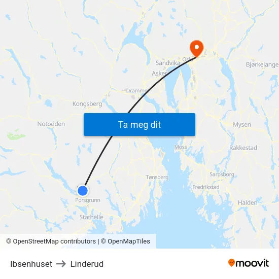 Ibsenhuset to Linderud map