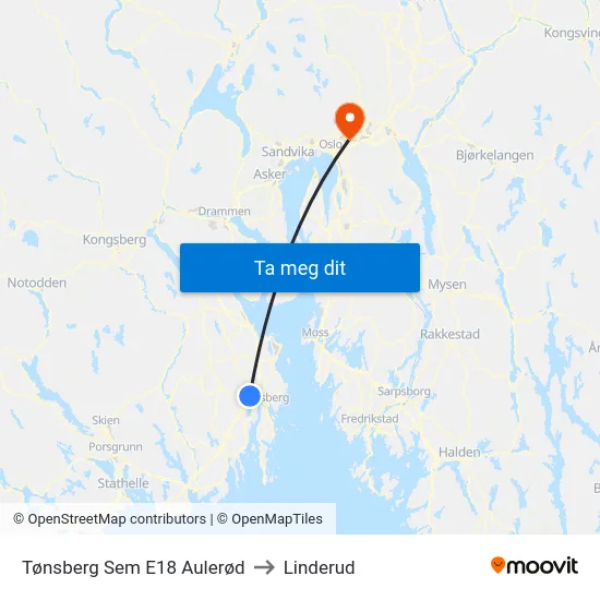 Tønsberg Sem E18 Aulerød to Linderud map