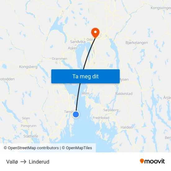 Vallø to Linderud map