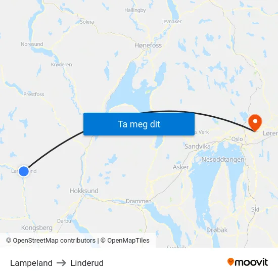 Lampeland to Linderud map