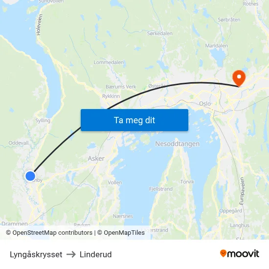 Lyngåskrysset to Linderud map