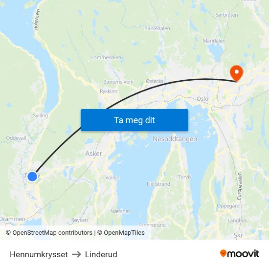 Hennumkrysset to Linderud map