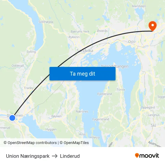 Union Næringspark to Linderud map