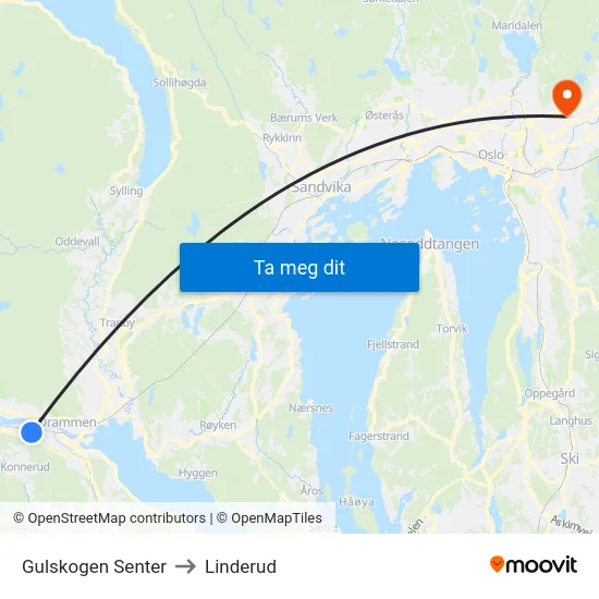 Gulskogen Senter to Linderud map