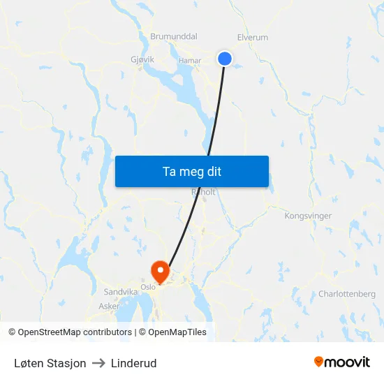 Løten Stasjon to Linderud map