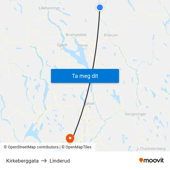 Kirkeberggata to Linderud map