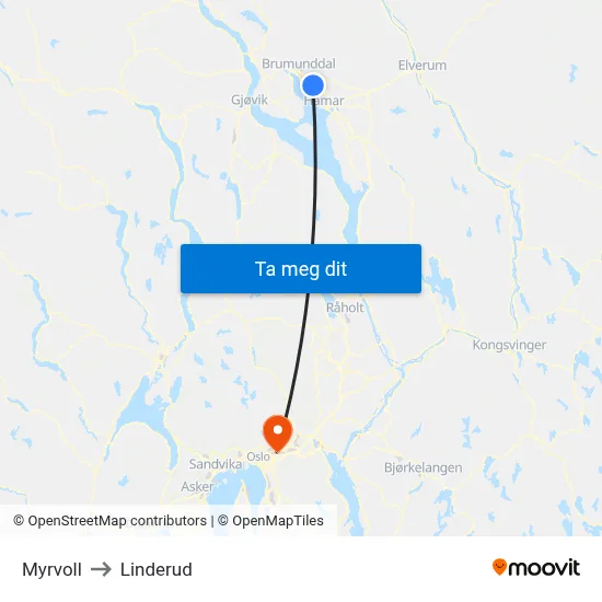 Myrvoll to Linderud map