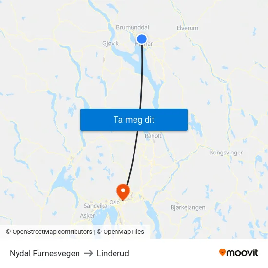 Nydal Furnesvegen to Linderud map