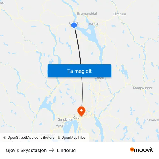 Gjøvik Skysstasjon to Linderud map