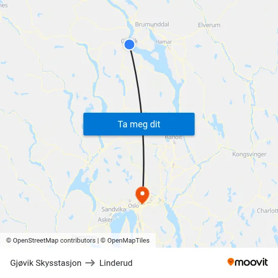 Gjøvik Skysstasjon to Linderud map