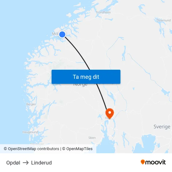 Opdøl to Linderud map