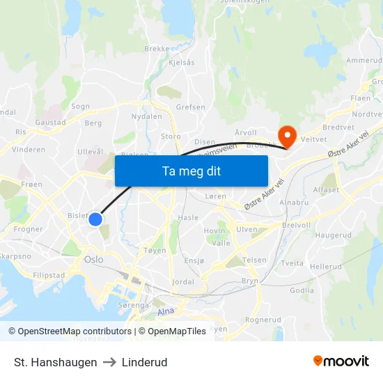 St. Hanshaugen to Linderud map