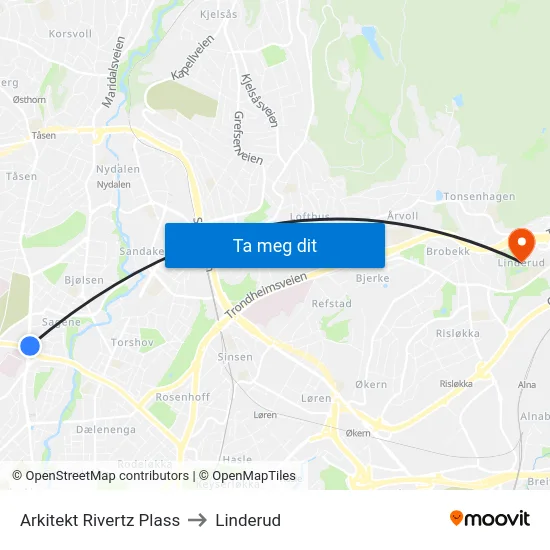 Arkitekt Rivertz Plass to Linderud map
