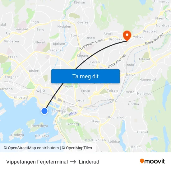 Vippetangen Ferjeterminal to Linderud map
