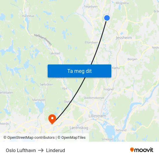 Oslo Lufthavn to Linderud map